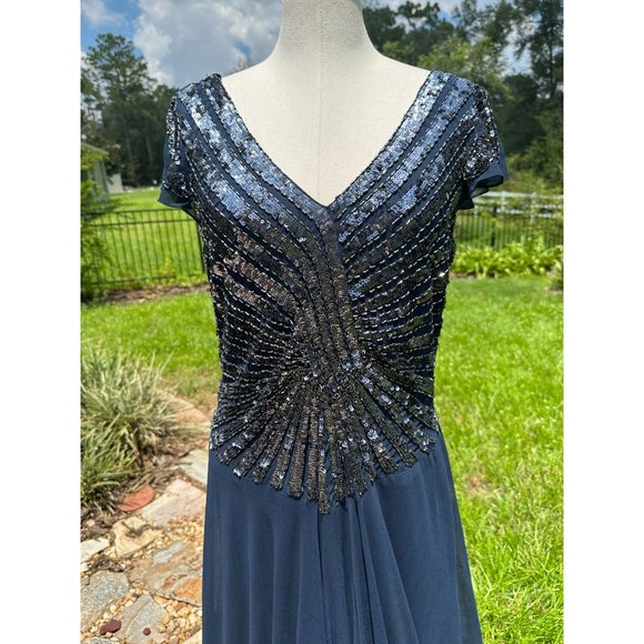 J Kara Gown Maxi Dress Sequin Beaded V Neck V Back Flutter Sleeve A-Line Blue 16 - Picture 3 of 16